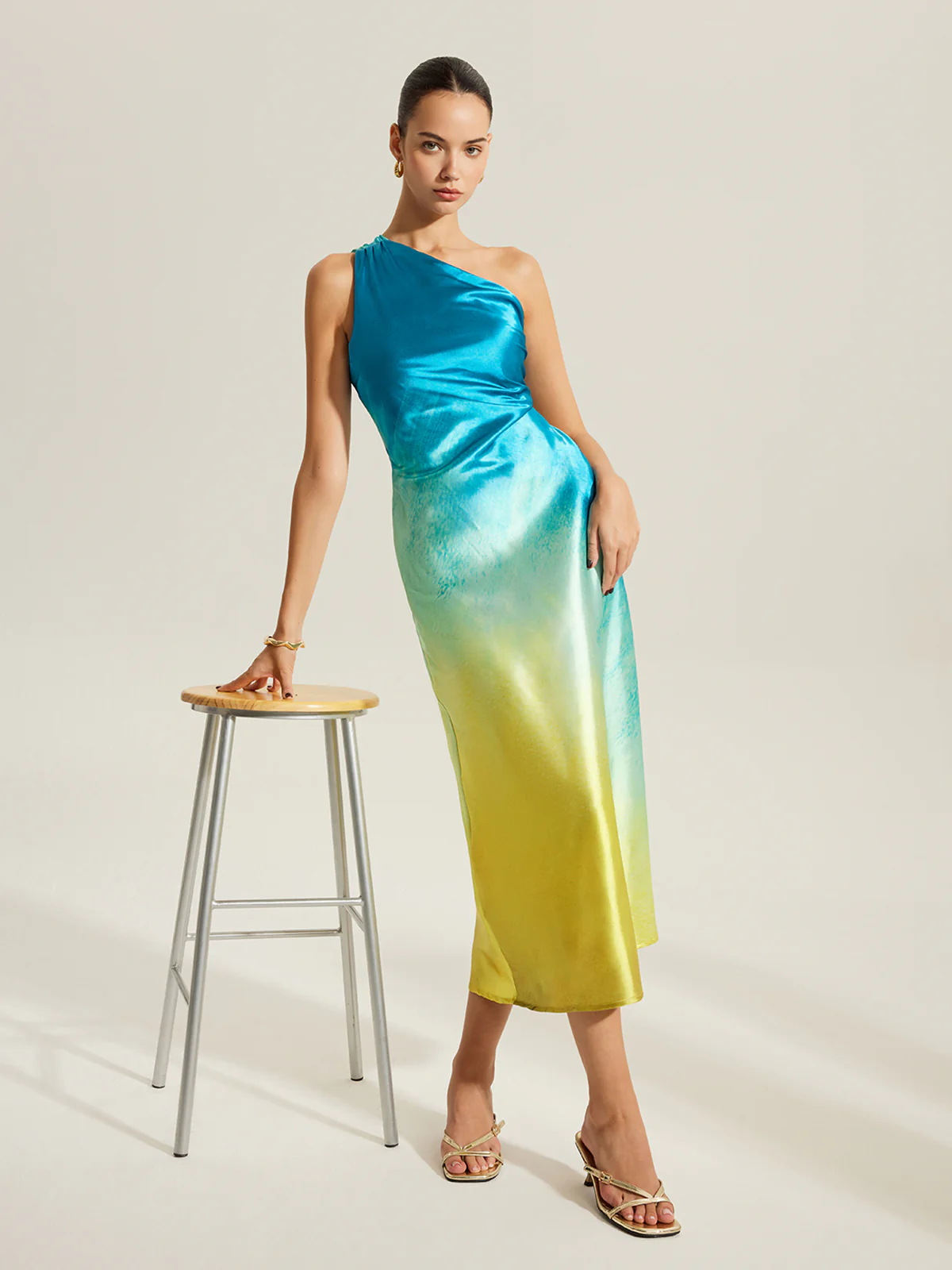 Gradient Satin One-Shoulder Dress With Back Twist Detail - Image 6