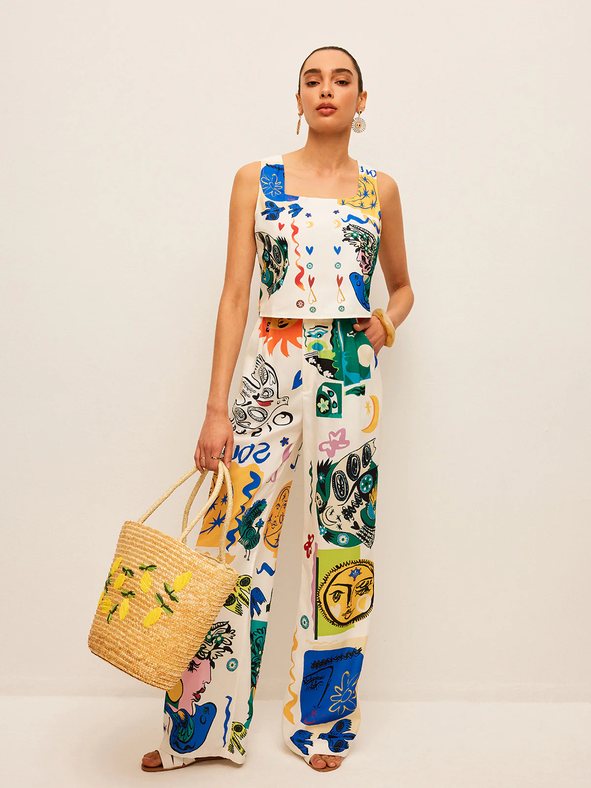 Graphic Print Crop Top With Wide-Leg Pants Set - Image 3