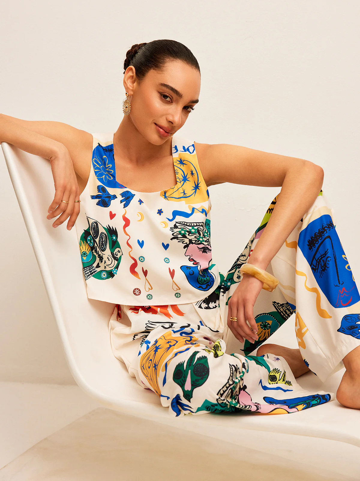 Graphic Print Crop Top With Wide-Leg Pants Set - Image 6