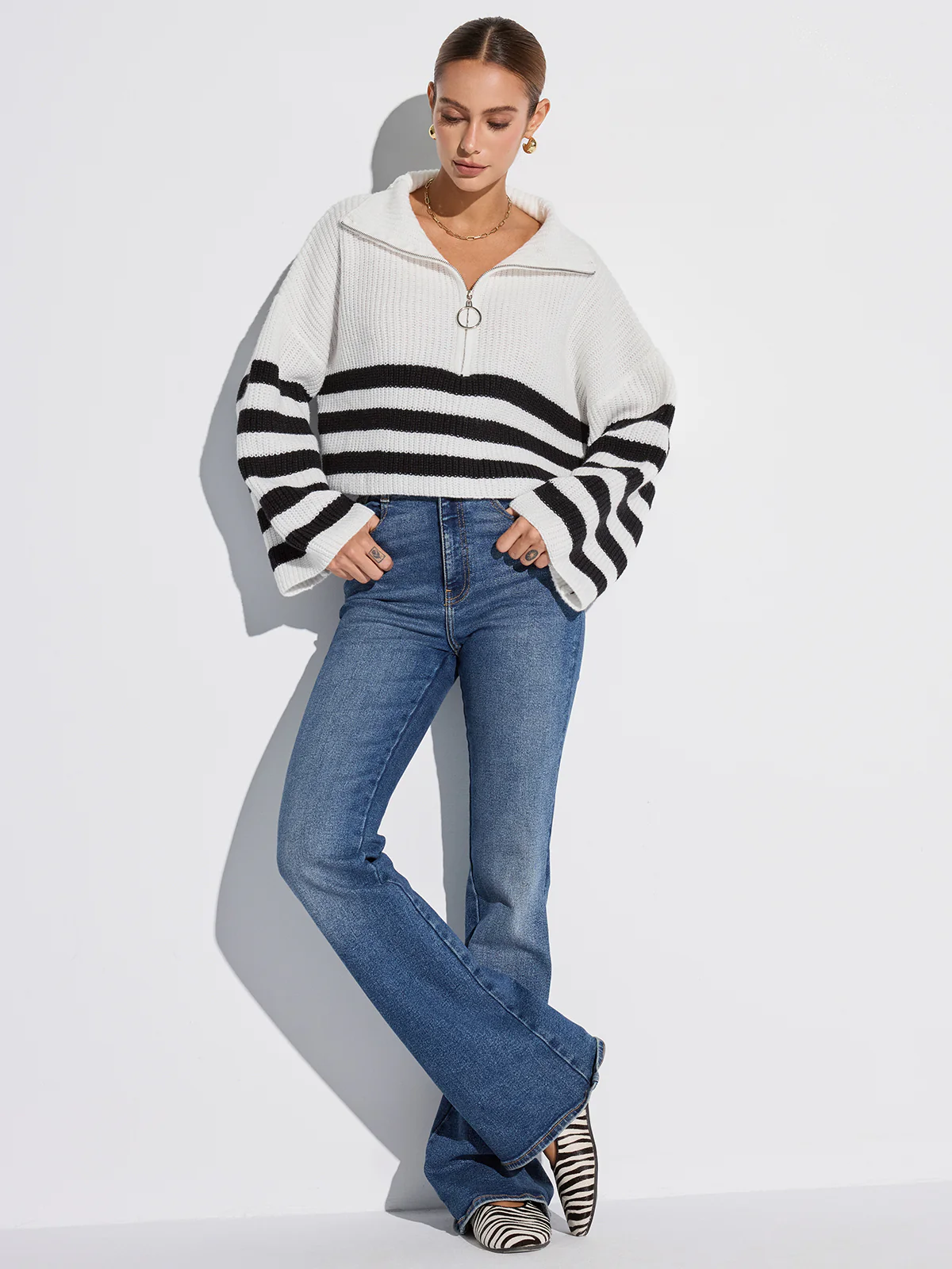 Half-Zip Striped Oversized Sweater - Image 2