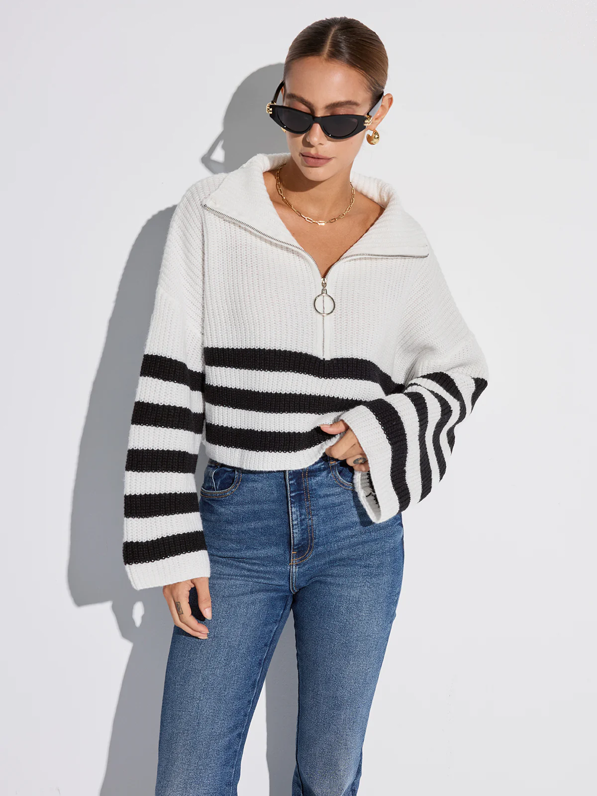 Half-Zip Striped Oversized Sweater - Image 3
