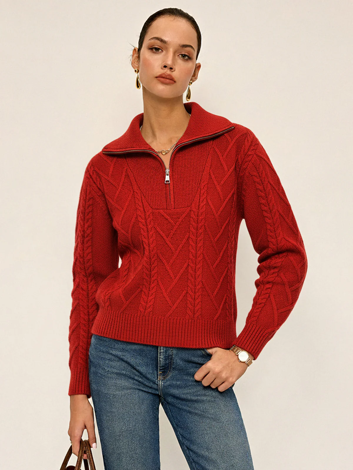 Half-Zip Wool Blend Cable Knit Top - Image 2