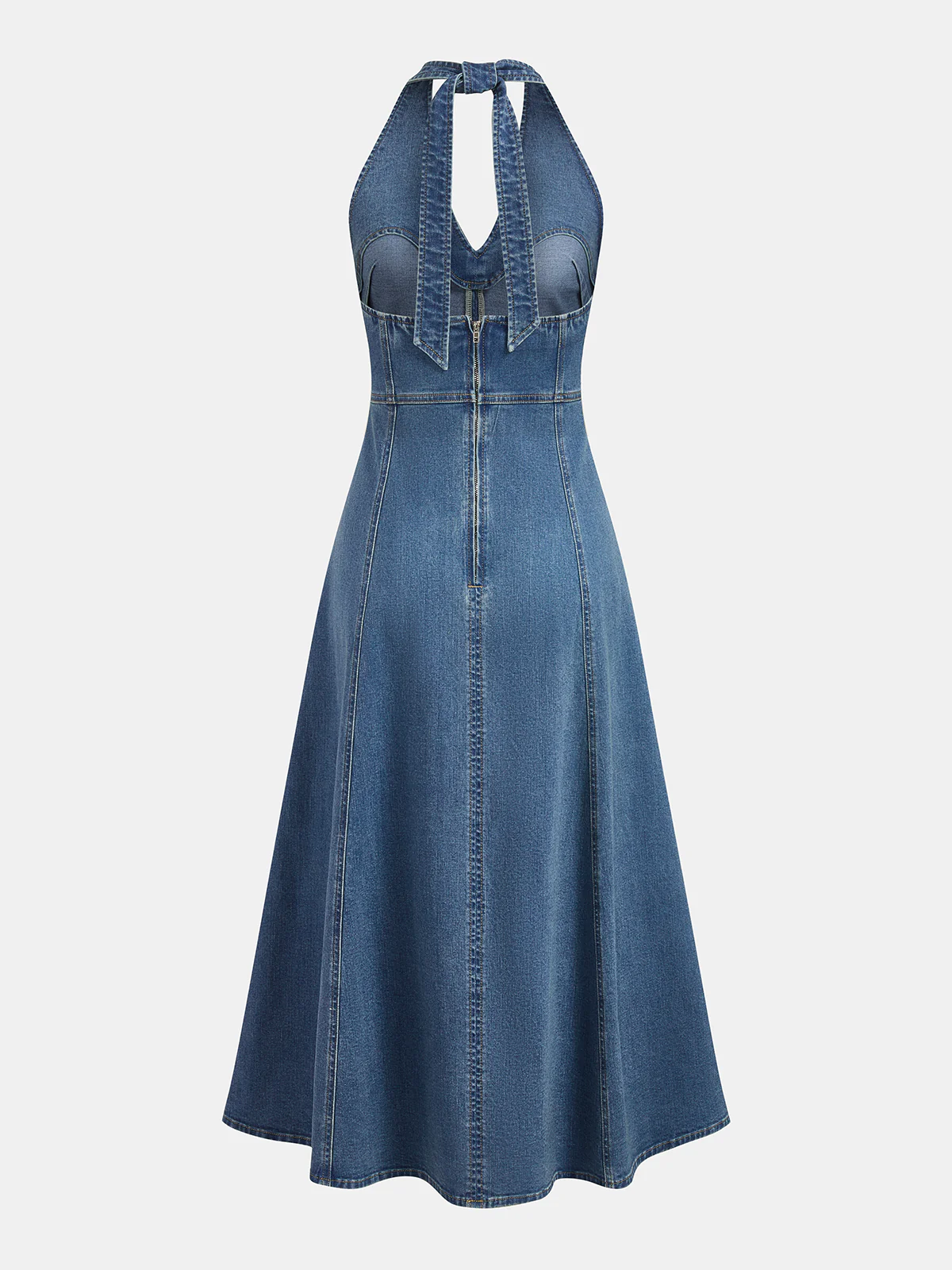 Halter Backless Denim Midi Dress - Image 3