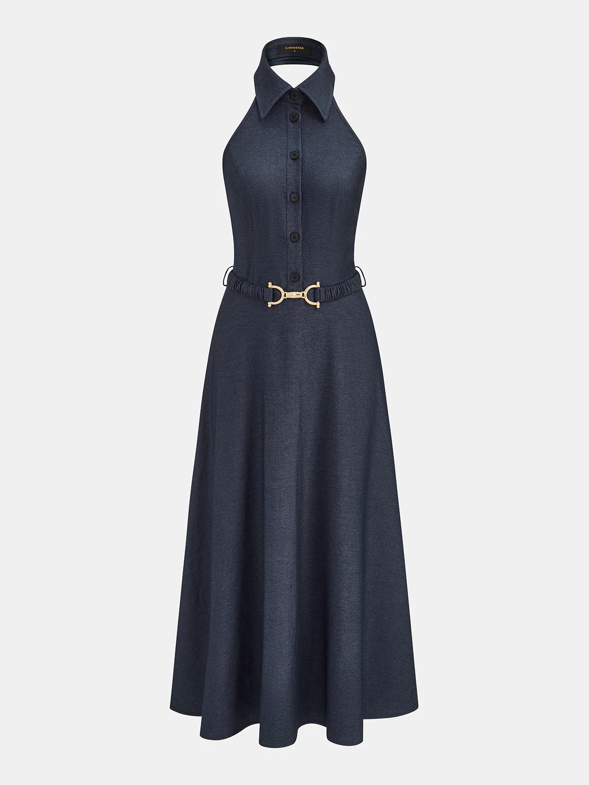 Halter Belted Collared Denim Maxi Dress - Image 2