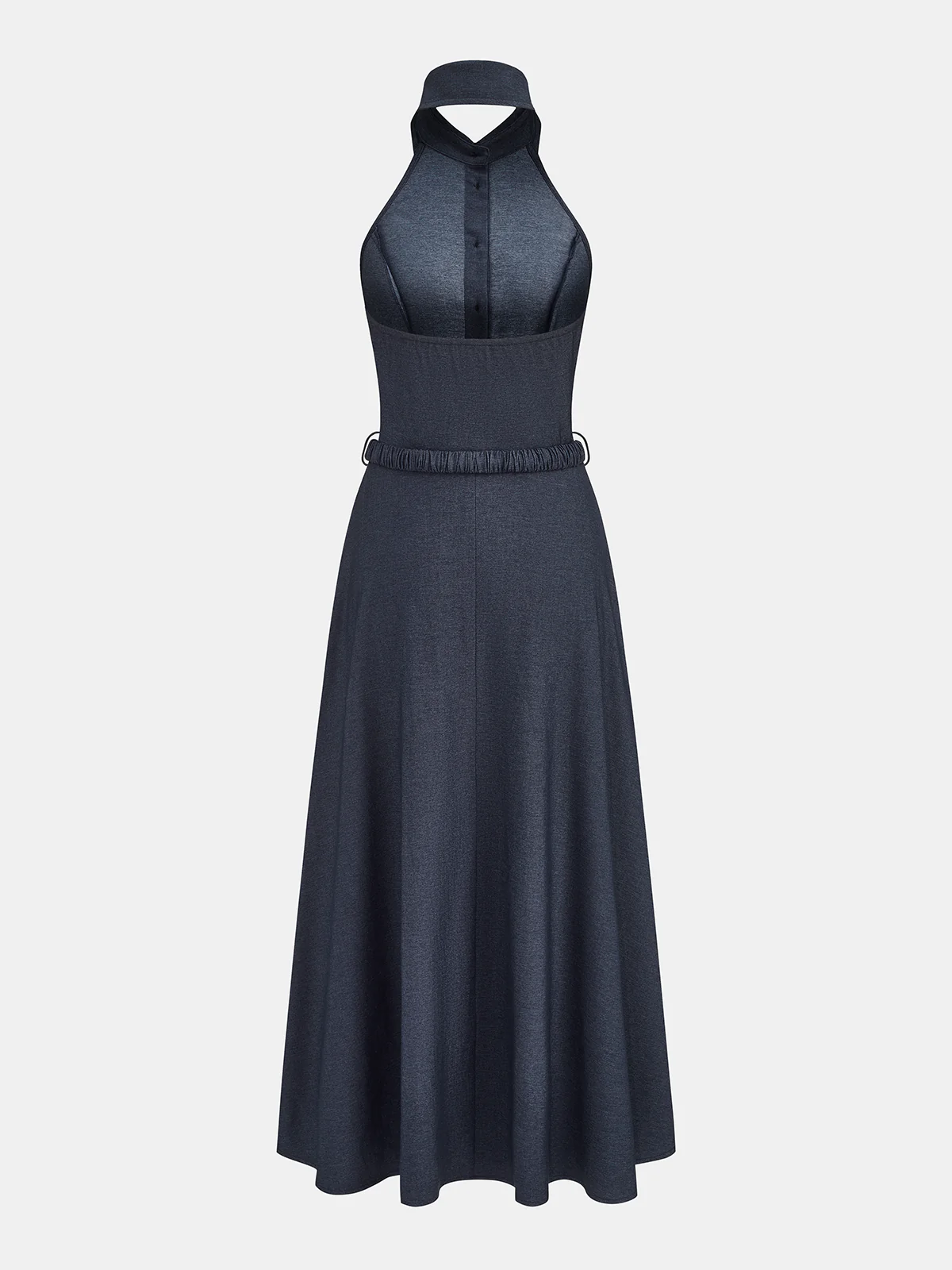 Halter Belted Collared Denim Maxi Dress - Image 3