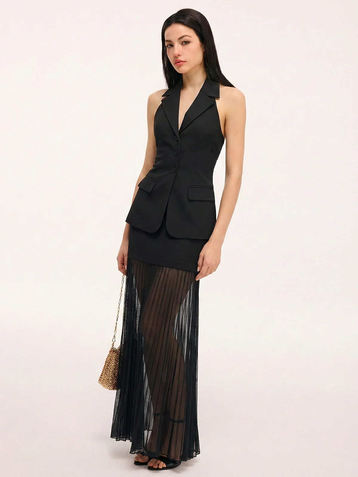 Halter Blazer Vest & Sheer Pleated Maxi Skirt