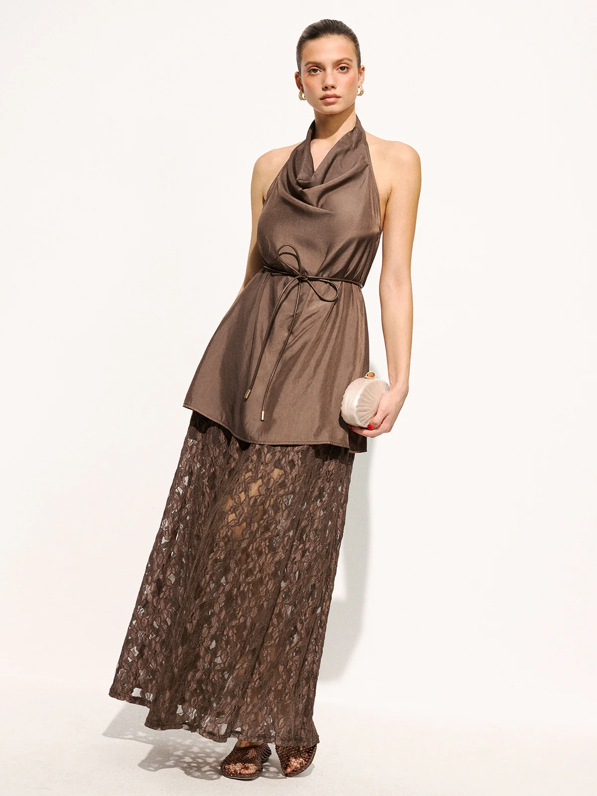 Halter Cowl Neck Top & Lace Maxi Skirt Set - Image 2