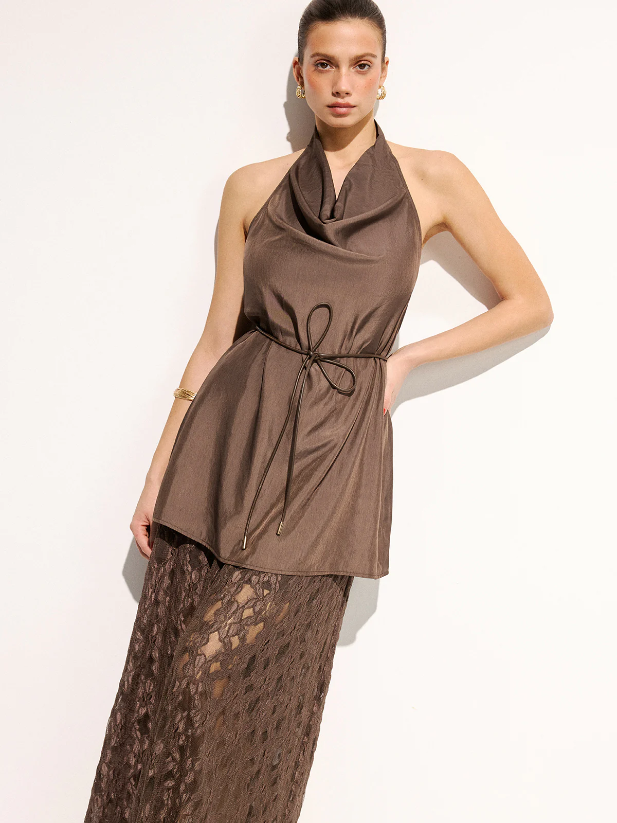 Halter Cowl Neck Top & Lace Maxi Skirt Set - Image 5