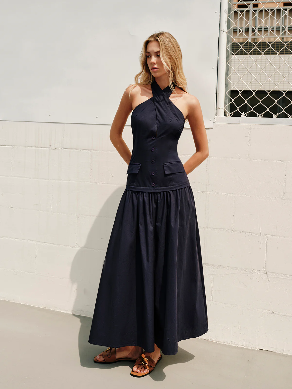 Halter Cross-Over Collar Zipper Decor-Pockets Dress - Image 6