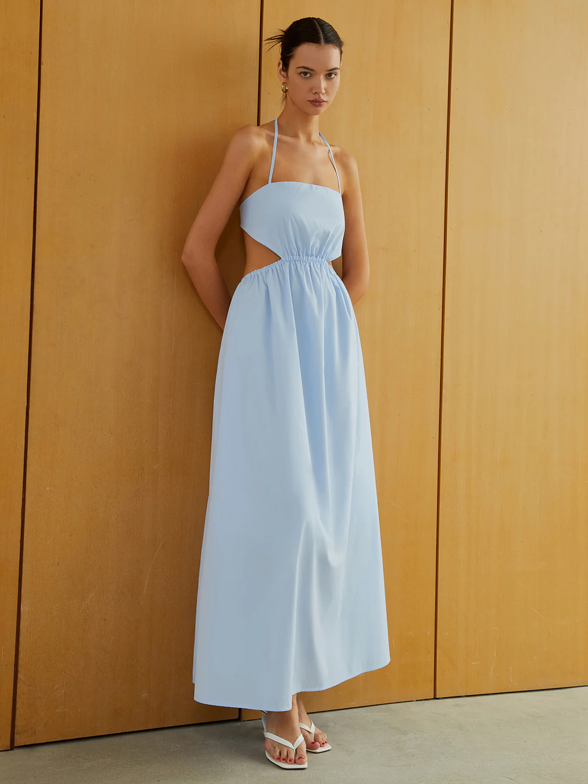 Halter Elastic Waist Cutout Long Pocket Dress - Image 3