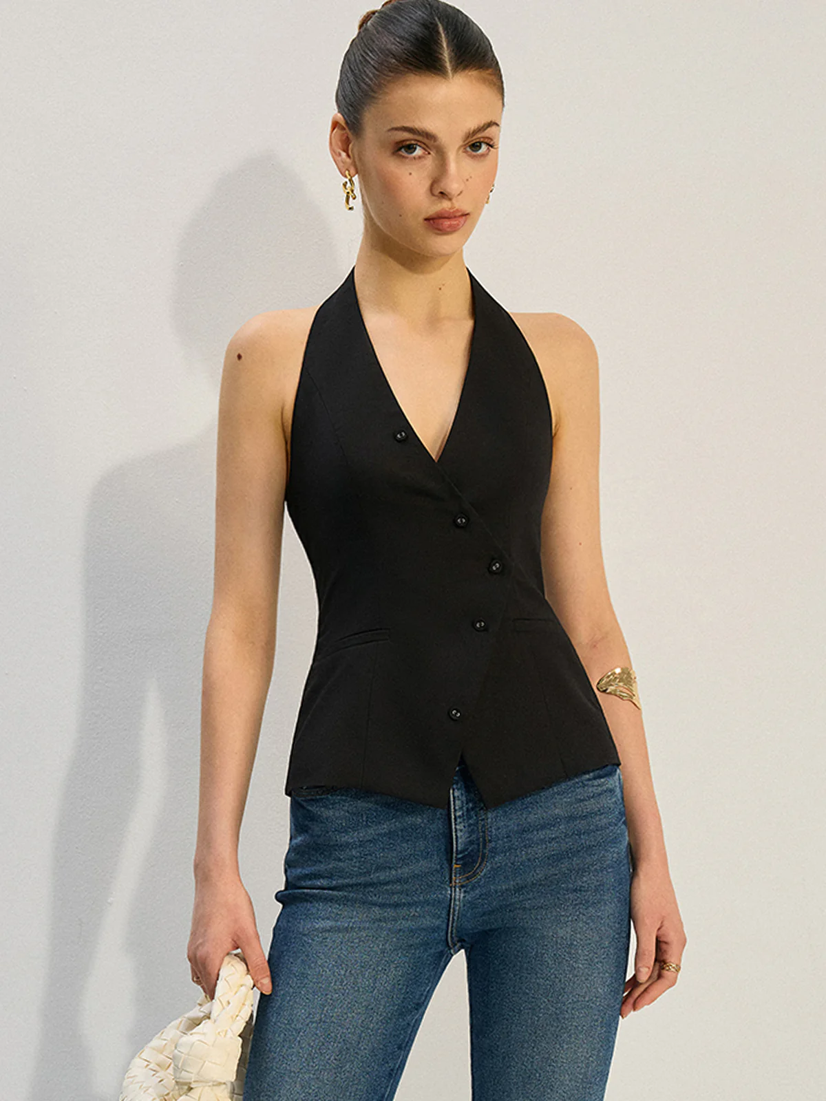 Halter Neck Asymmetric Buttoned Vest - Image 4