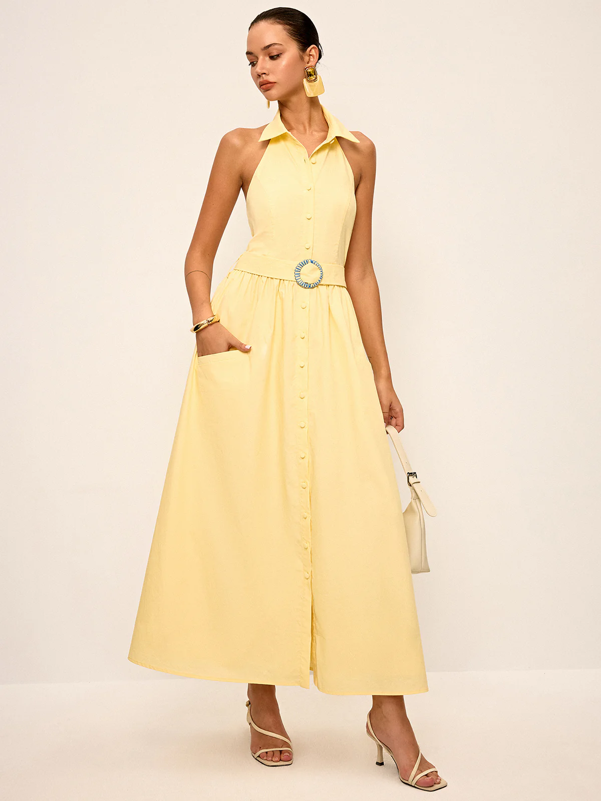 Halter Neck Backless Shirt Dress with Belt - Image 5