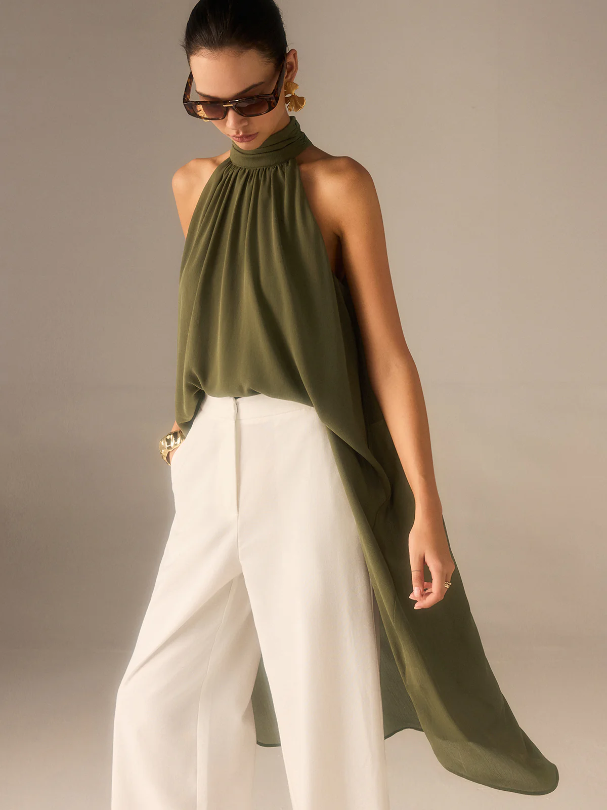 Semi-Sheer Halter-Neck Chiffon Long Top - Image 2