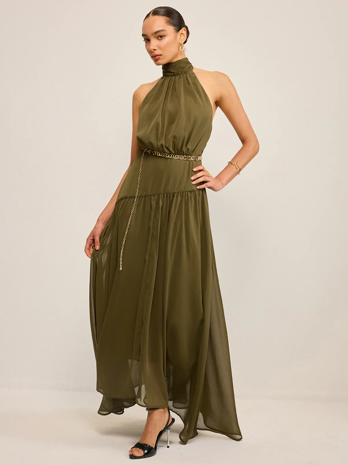Semi-Sheer Halter Neck Chiffon Maxi Dress with Back Bow - Image 2