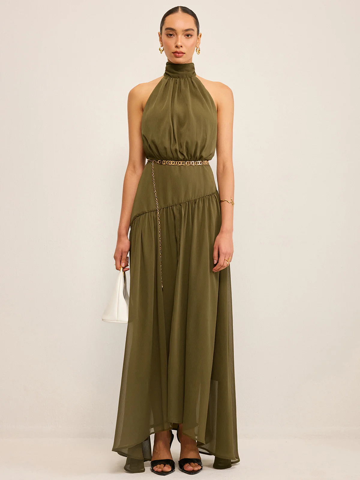 Semi-Sheer Halter Neck Chiffon Maxi Dress with Back Bow - Image 3