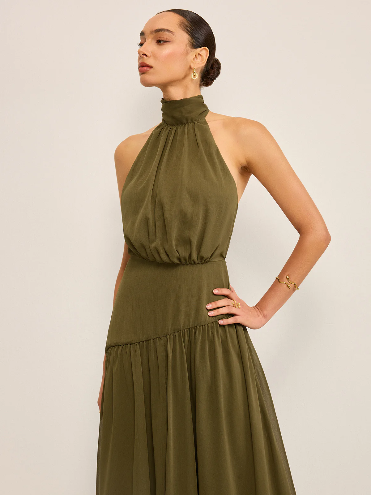 Semi-Sheer Halter Neck Chiffon Maxi Dress with Back Bow - Image 4