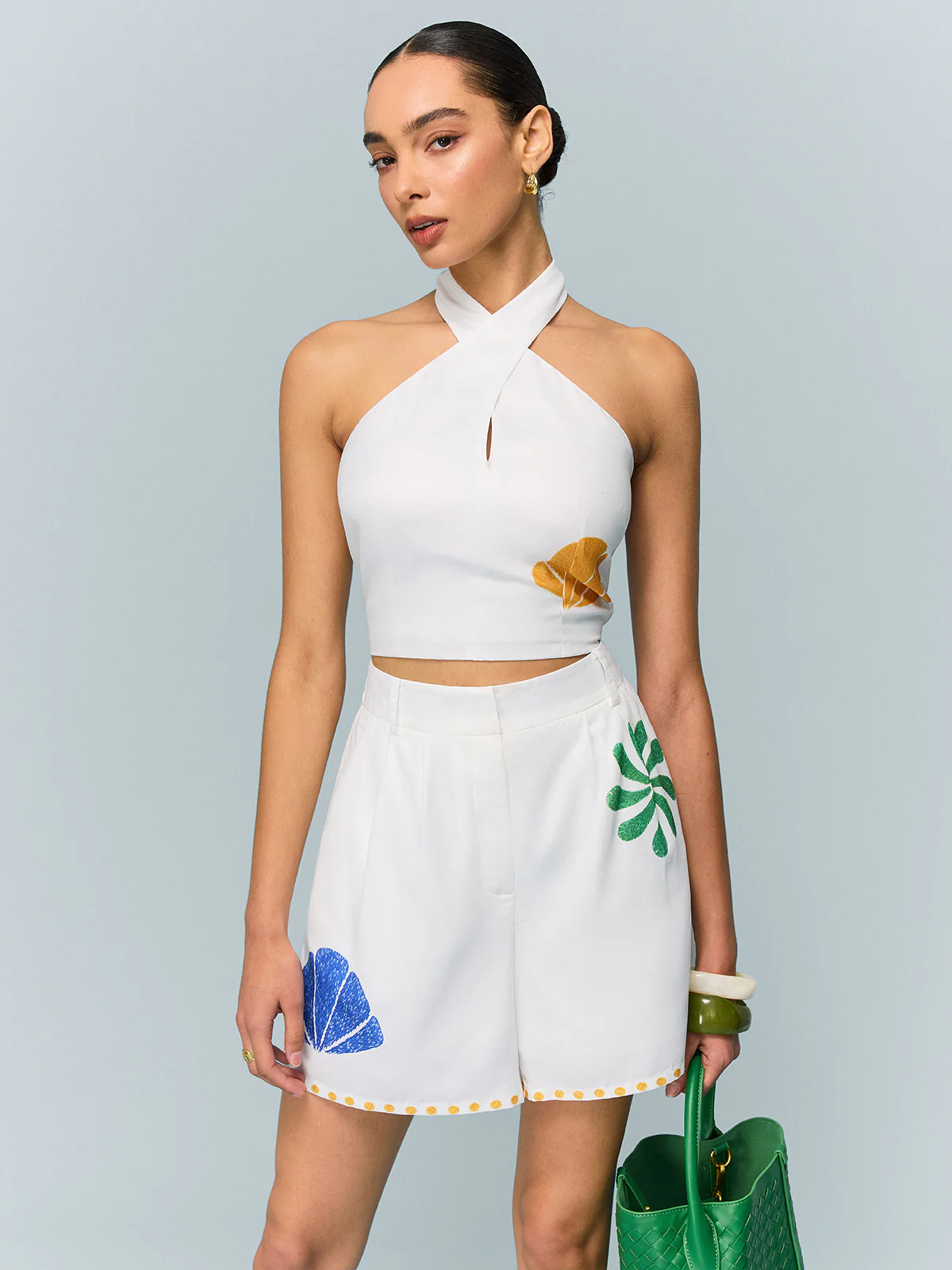 Halter-Neck Crop Top and Printed Shorts Set