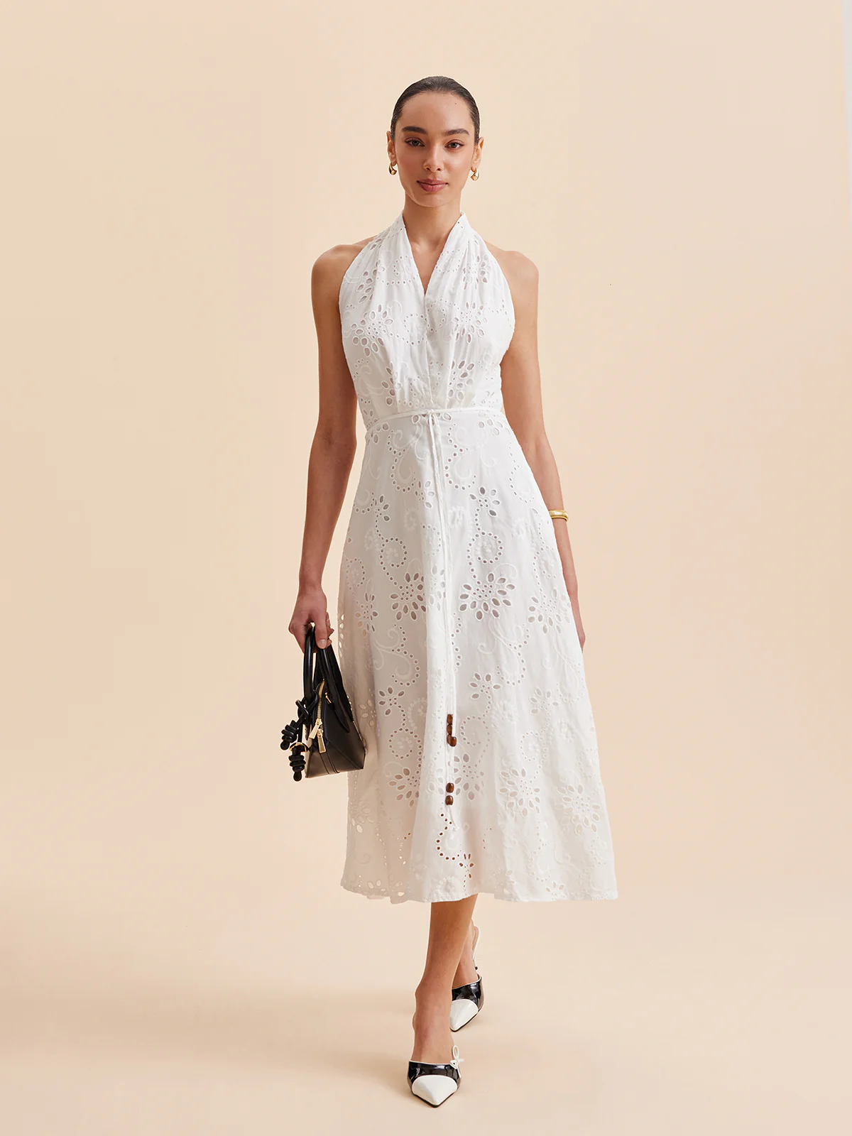 Halter Neck Eyelet Belted Midi Dress - Image 2