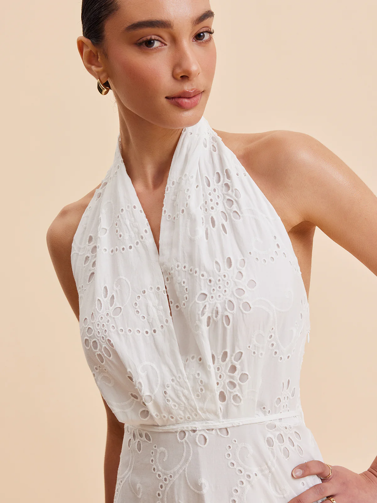 Halter Neck Eyelet Belted Midi Dress - Image 4