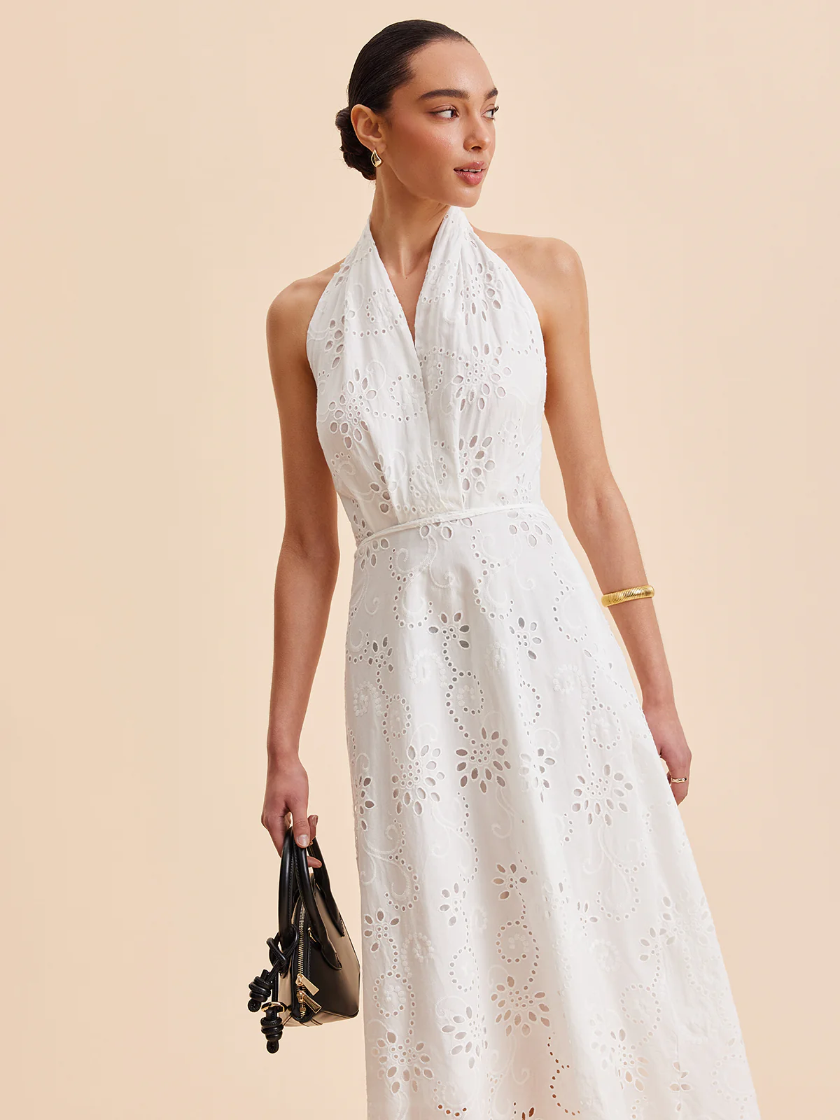 Halter Neck Eyelet Belted Midi Dress - Image 7