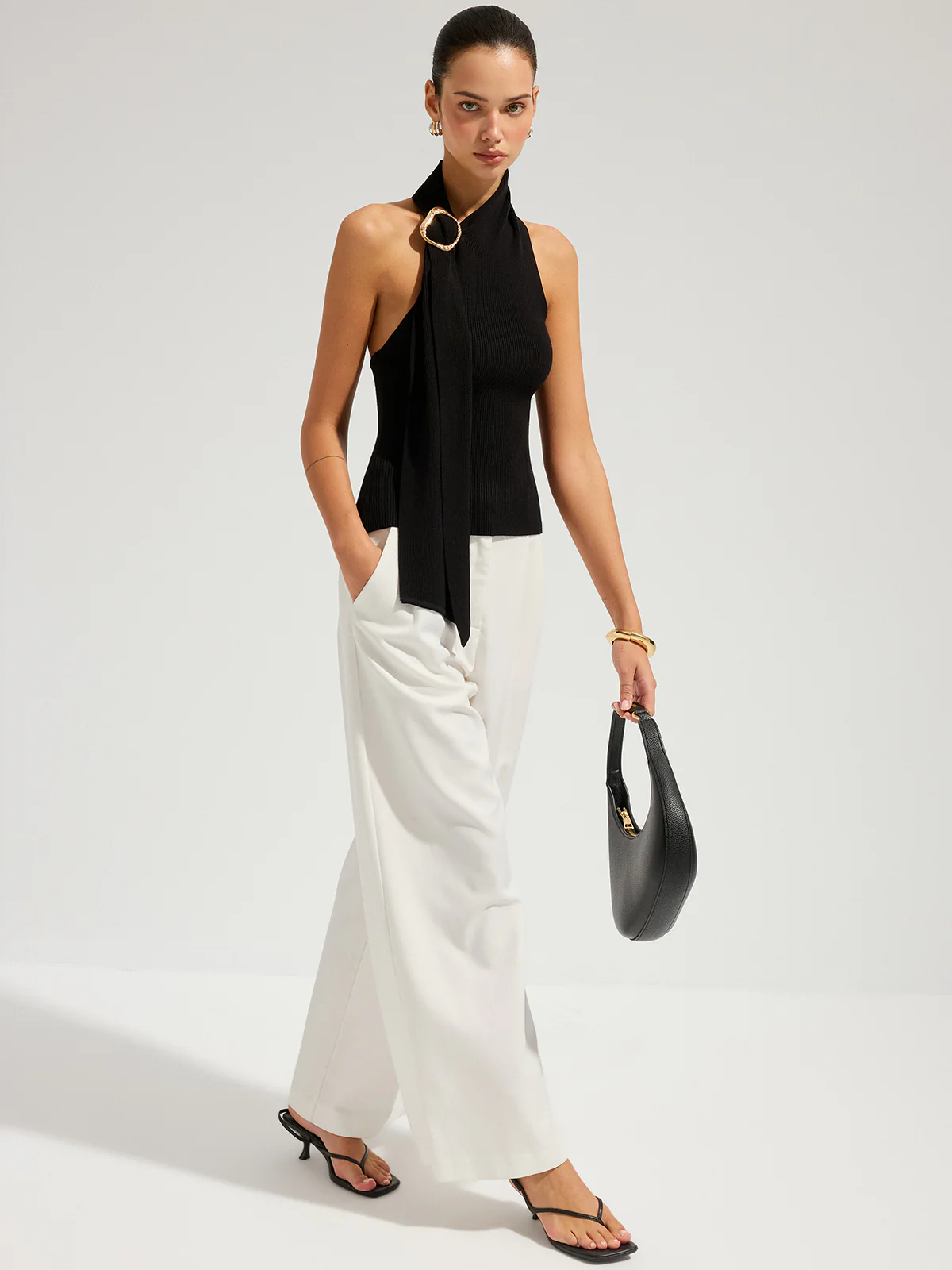 Halter Neck Metal Buckle Knit Top - Image 2