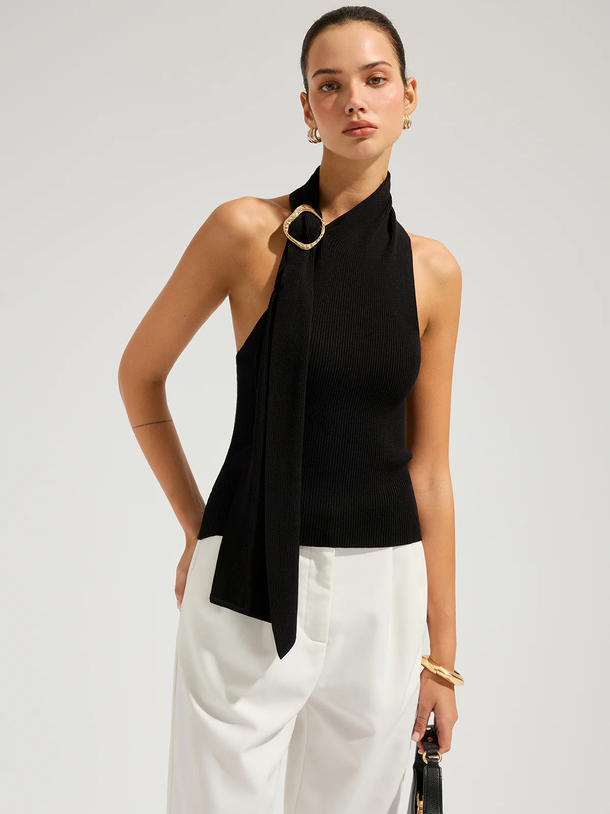 Halter Neck Metal Buckle Knit Top - Image 3