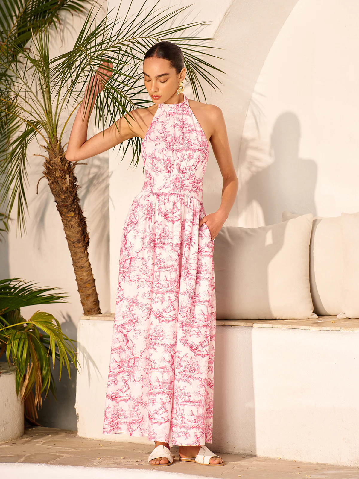 Halter Neck Printed Backless Dress With Pockets - Image 5