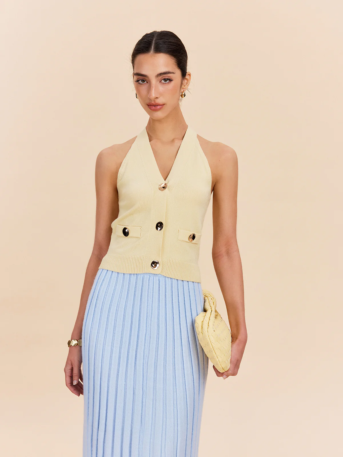 Halter Neck Ribbed Knit Vest With Decor Pockets - Image 4