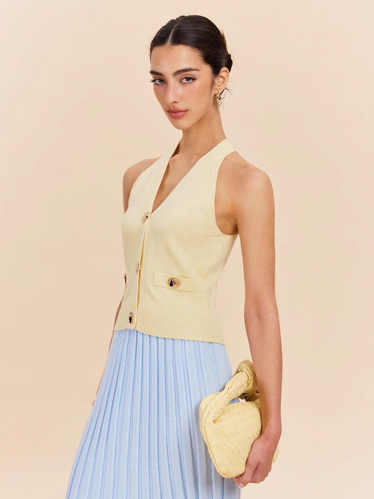Halter Neck Ribbed Knit Vest With Decor Pockets - Image 5