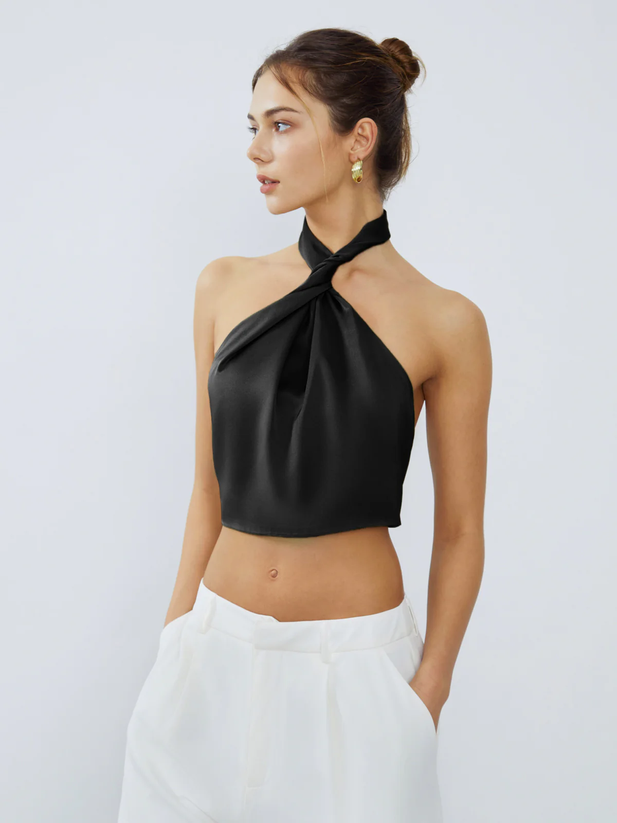 Halter Neck Twist Open Back Satin Crop Top - Image 5