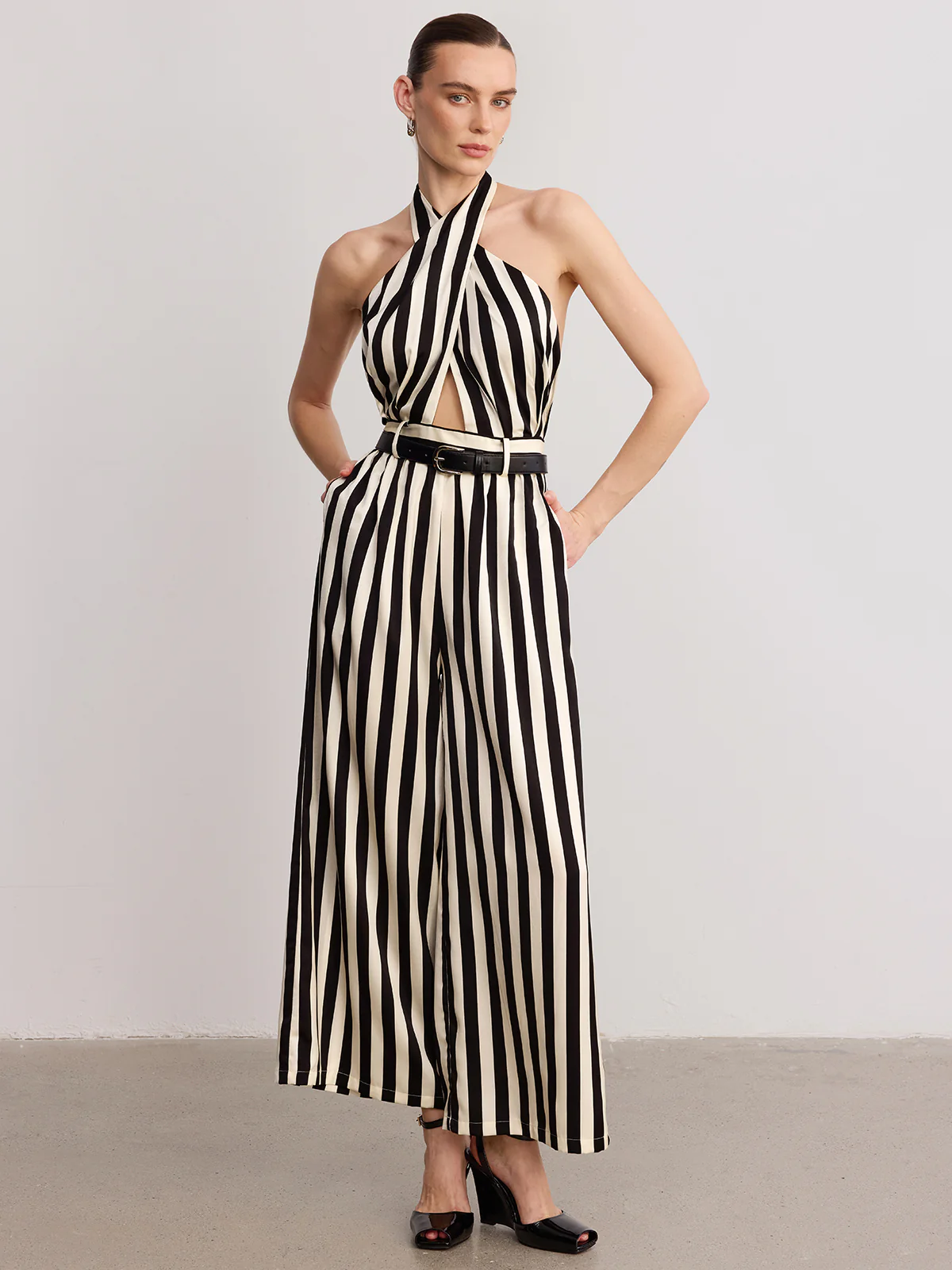 Halter Striped Belted Jumpsuit - Image 2