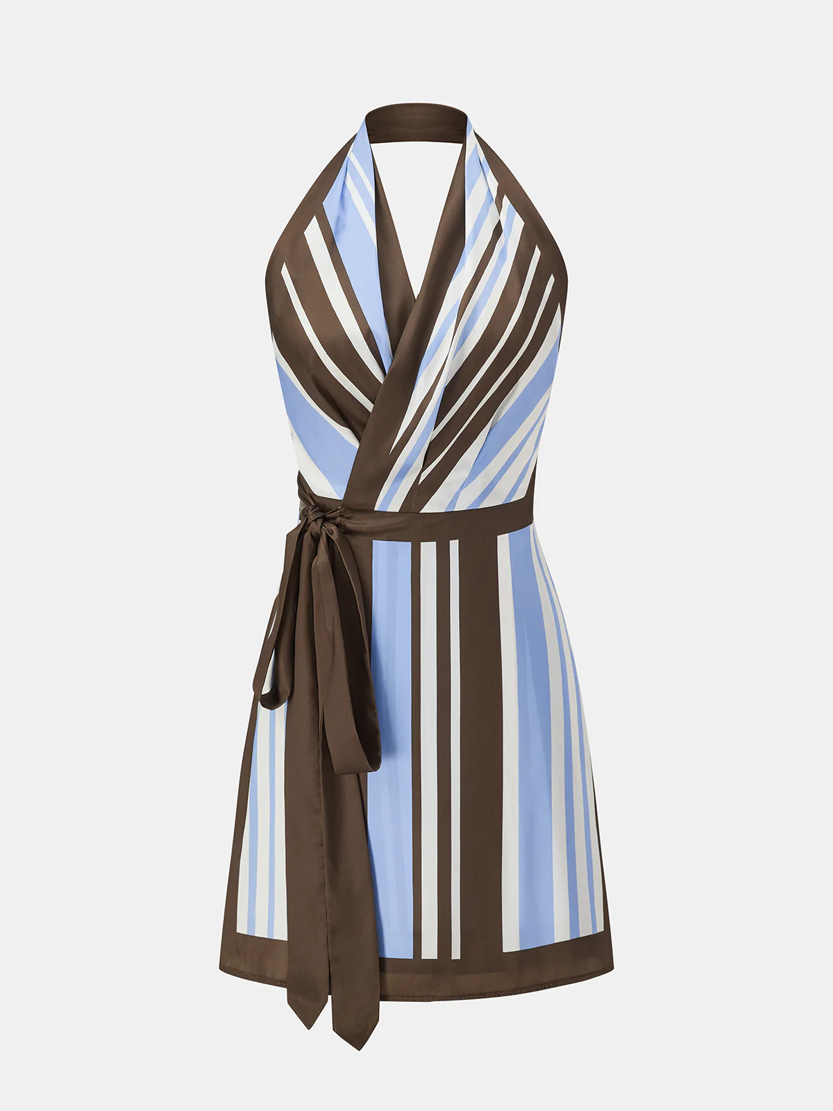 Halter Striped Satin Wrap Mini Dress - Image 7