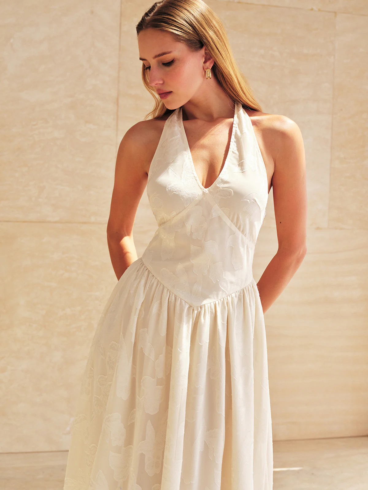 Halter V Neck Jacquard Maxi Dress - Image 6