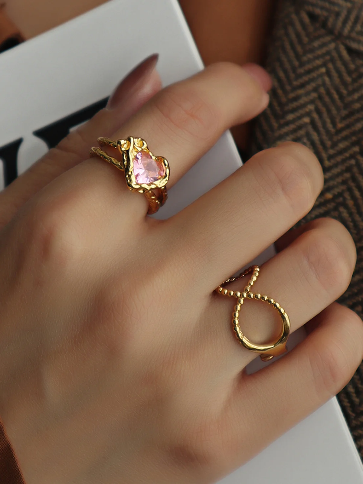 Heart Rhinestone Adjustable Open Ring - Image 2