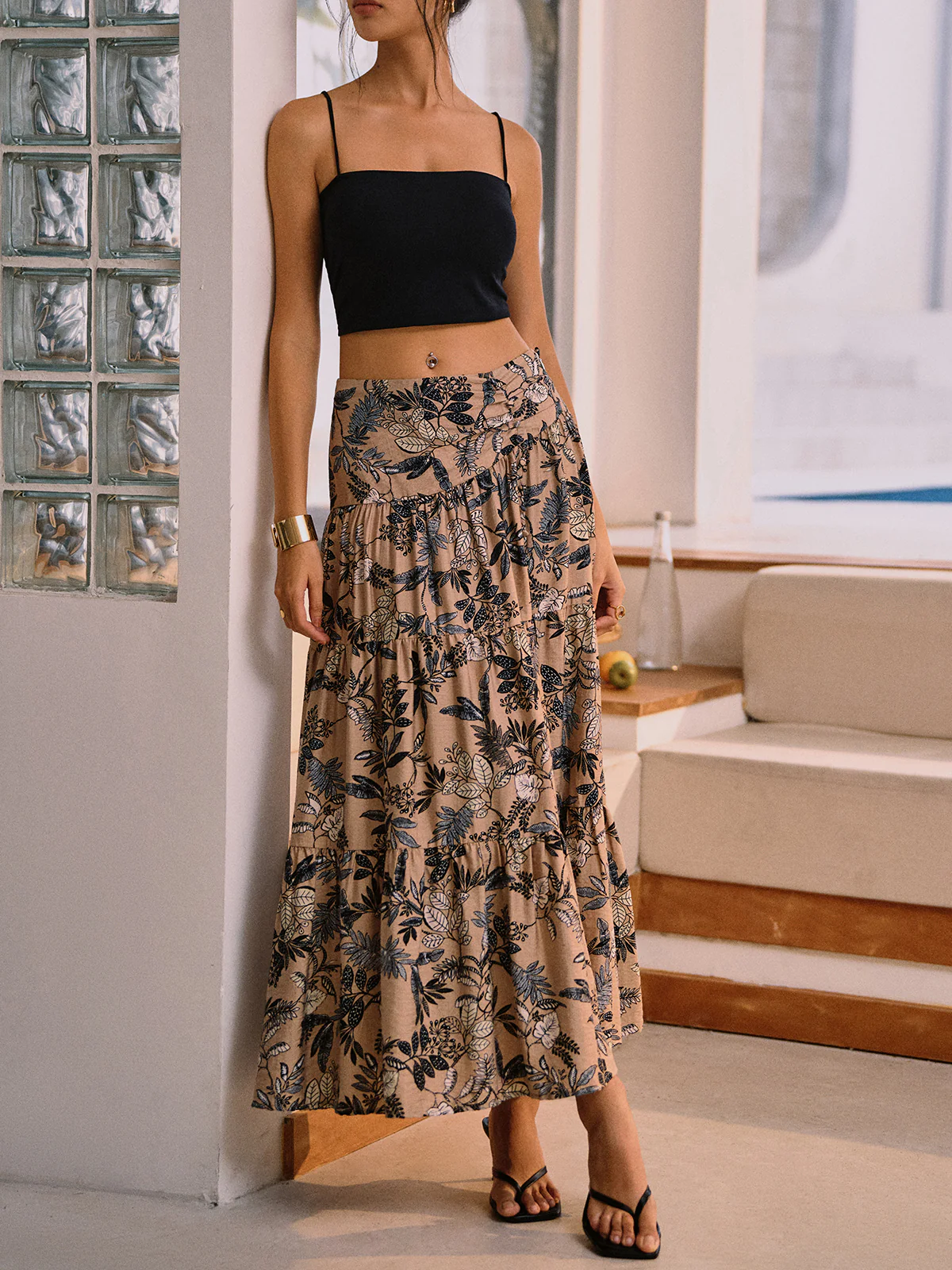 Herbal Harmony Plant Print Split Maxi Skirt - Image 2