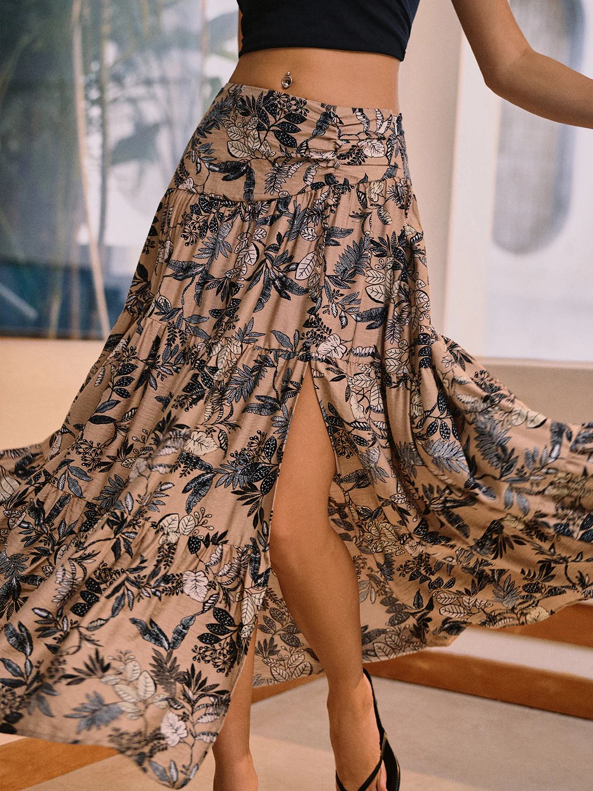 Herbal Harmony Plant Print Split Maxi Skirt - Image 3