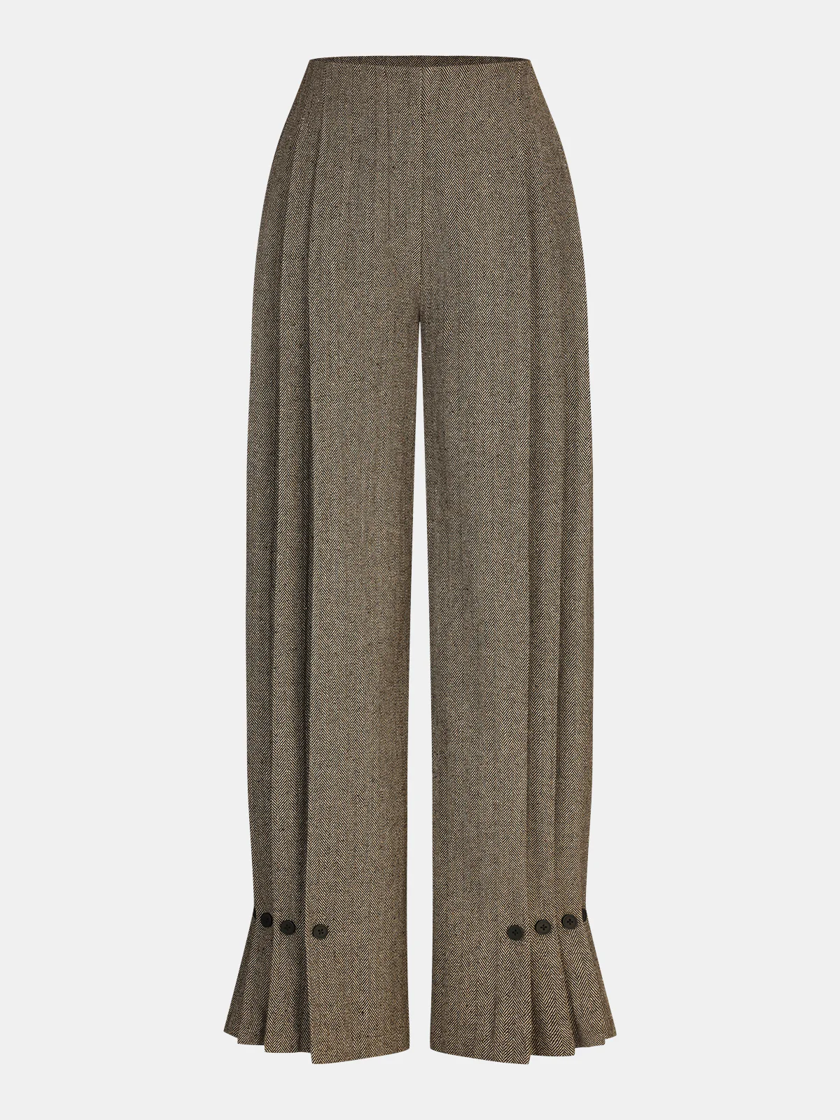 Herringbone Tweed Pleated Straight-Leg Pants