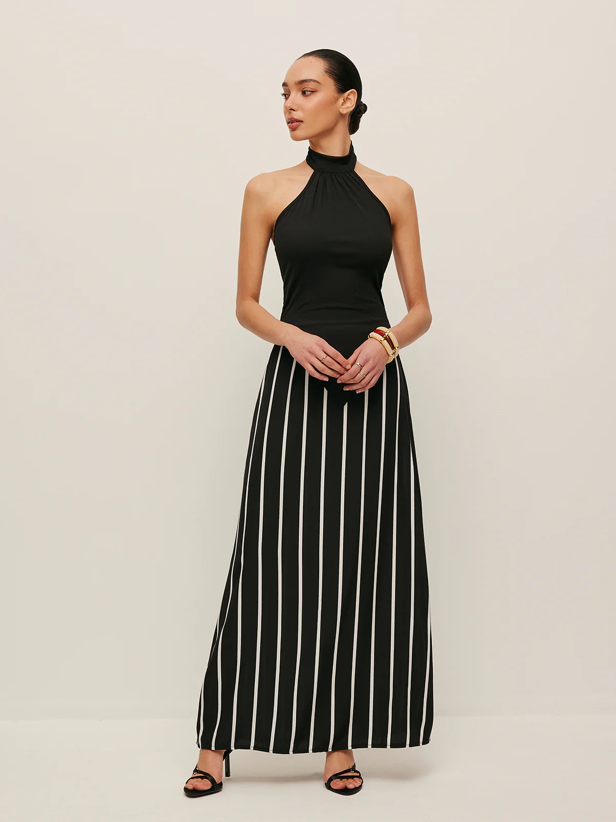High Neck Asymmetric Panel Stripe Skirt Set - Image 4