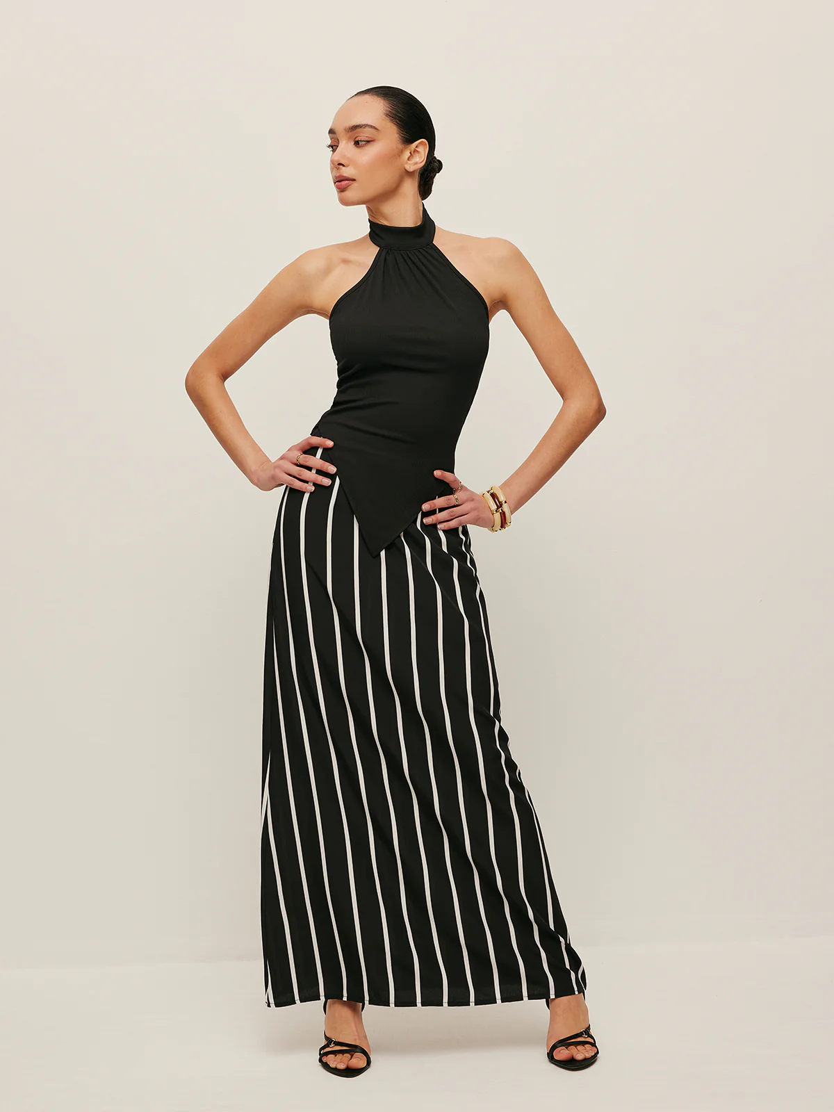 High Neck Asymmetric Panel Stripe Skirt Set - Image 5