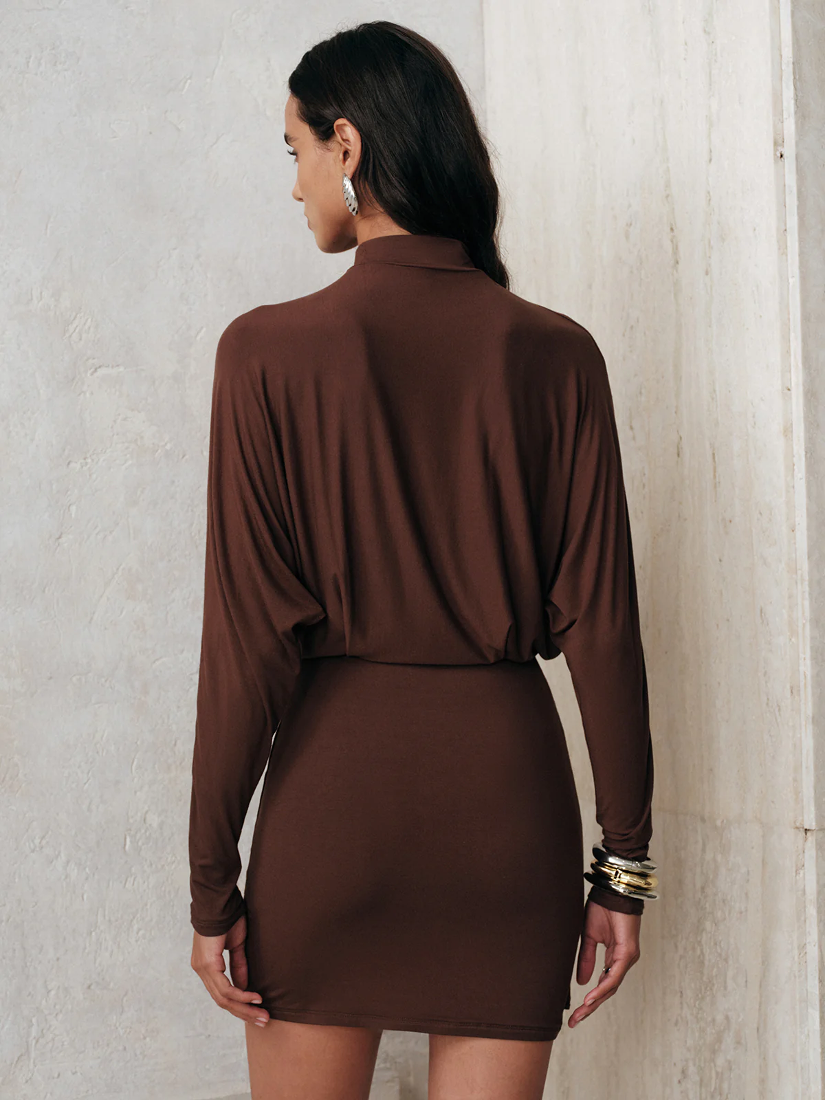 High-Neck Draped Batwing Sleeve Mini Dress - Image 6