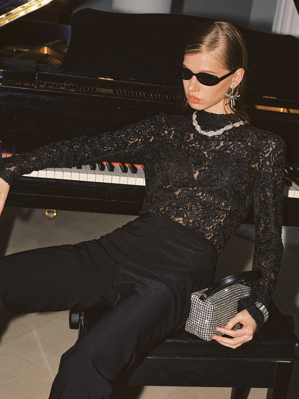 High Neck Lace Floral Long Sleeve Blouse - Image 3