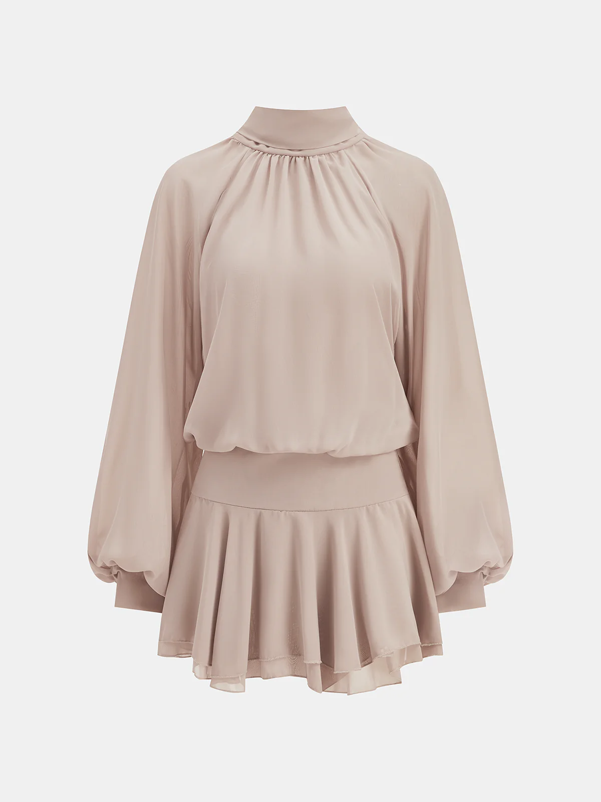 High Neck Ruffled Chiffon Puff Sleeve Mini Dress