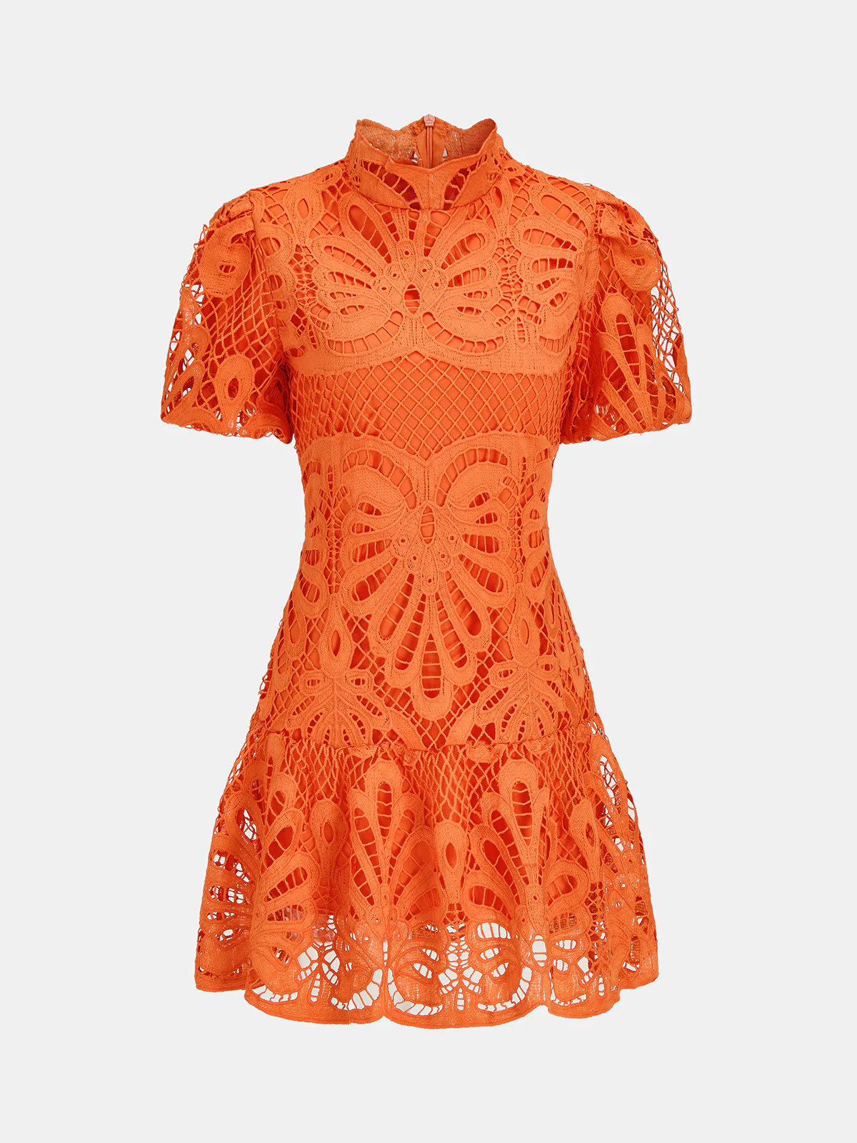 High Neck Short Sleeve Guipure Lace Mini Dress