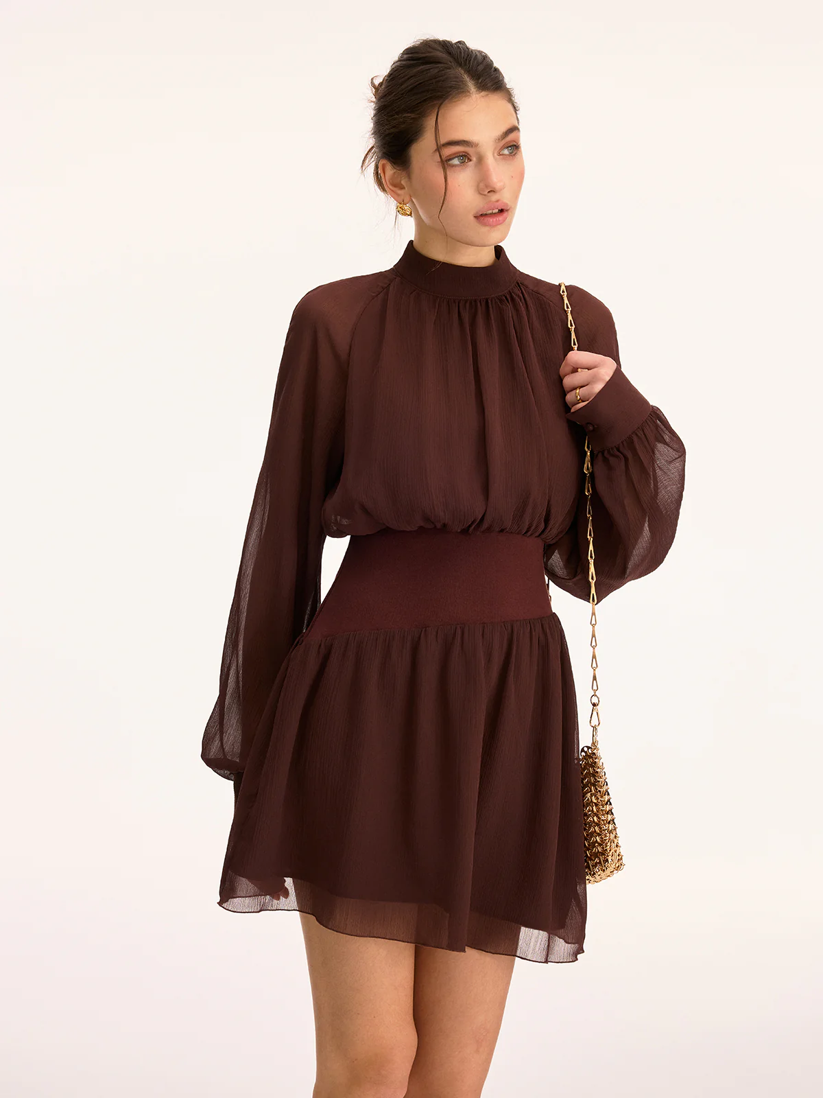 High Neck Waist-Cinching Chiffon Mini Dress