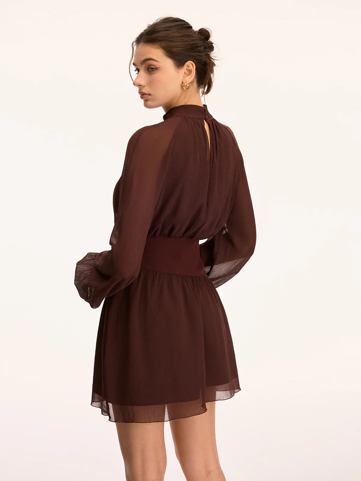 High Neck Waist-Cinching Chiffon Mini Dress - Image 6