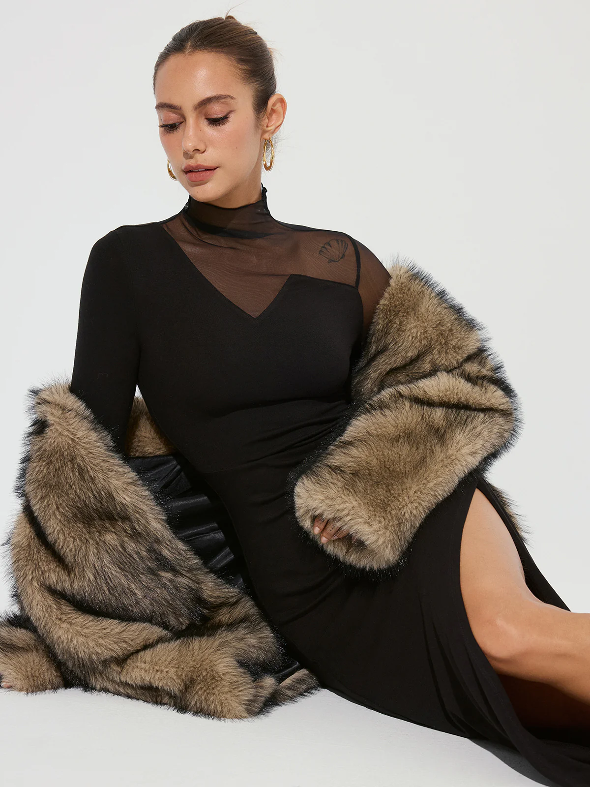 High Slit Ruched Mesh Panel Maxi Dress - Image 6
