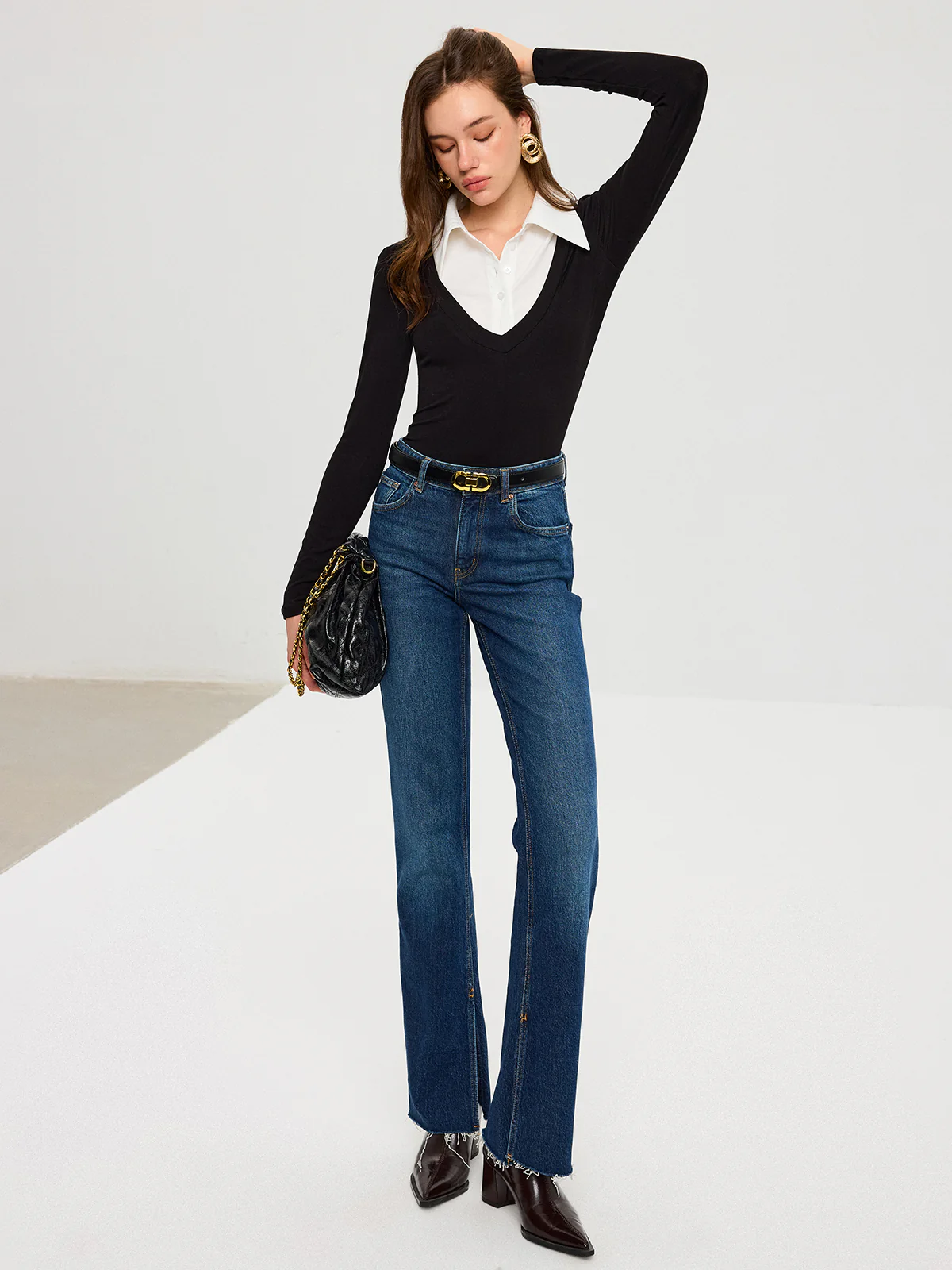 High-Stretch Contrast Shirt Collar Knit Bodysuit - Image 5