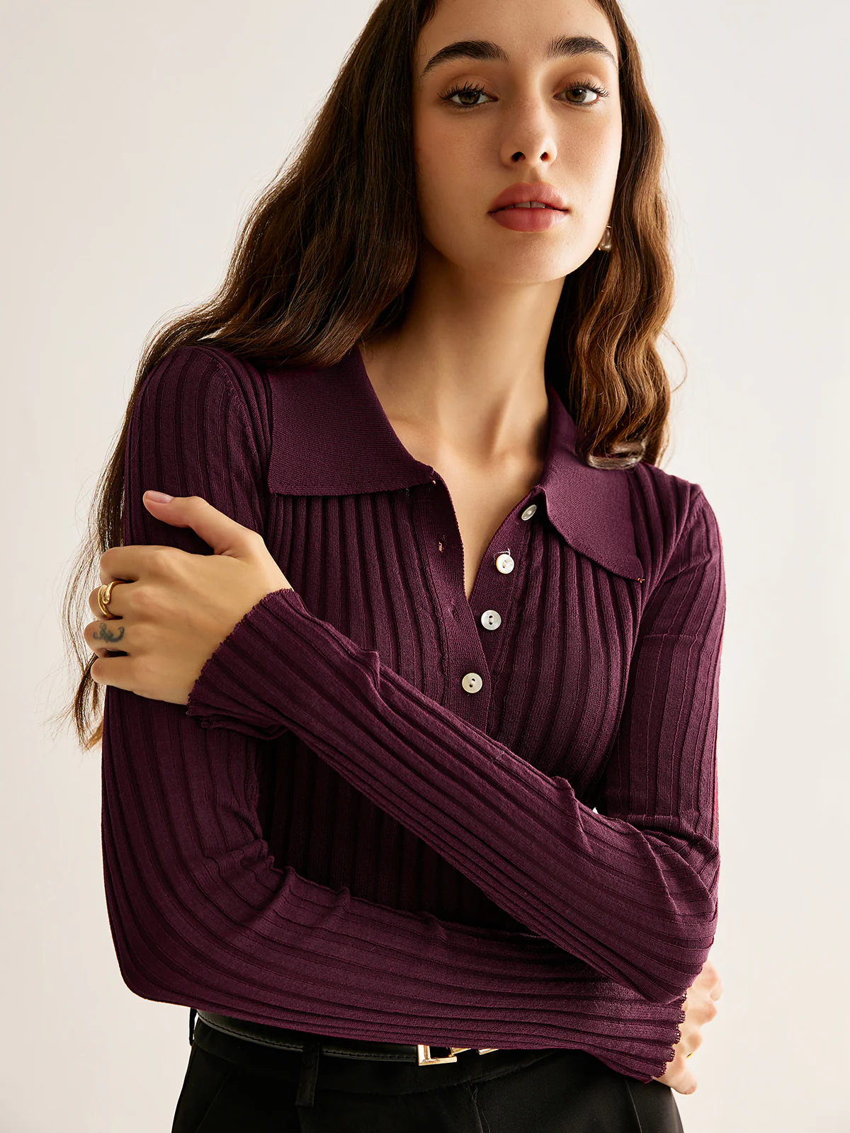High Stretch Lapel Knit Top - Image 5