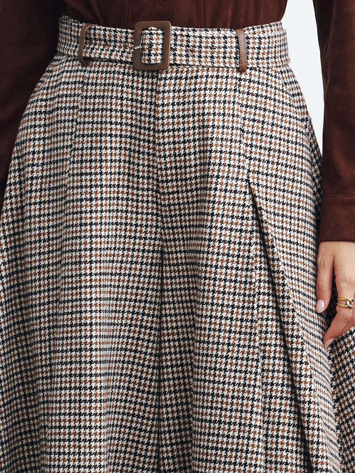 High-Waist Belted Houndstooth Wide-Leg Pants - Image 3