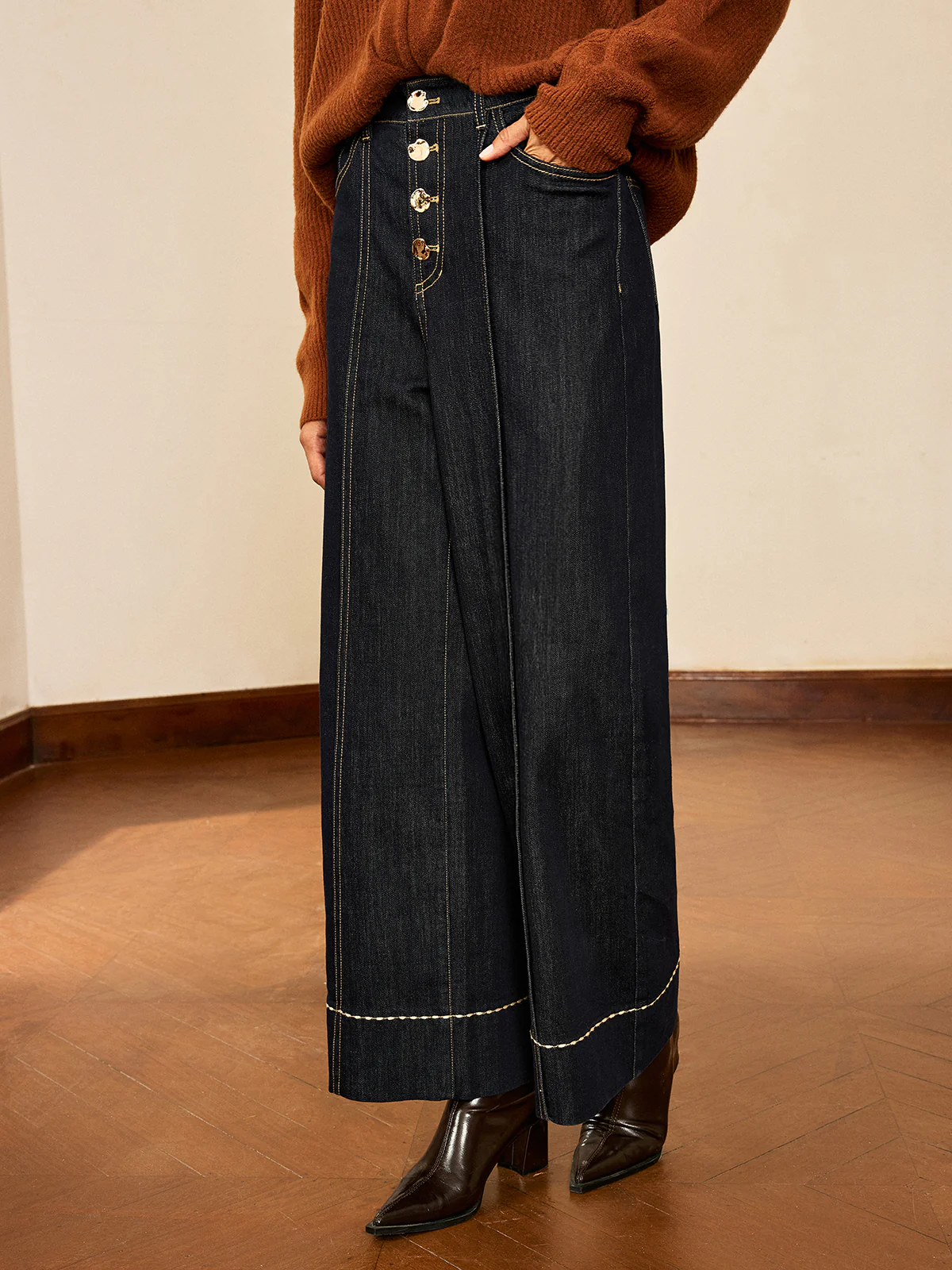High-Waist Button Wide-Leg Denim Pants - Image 2
